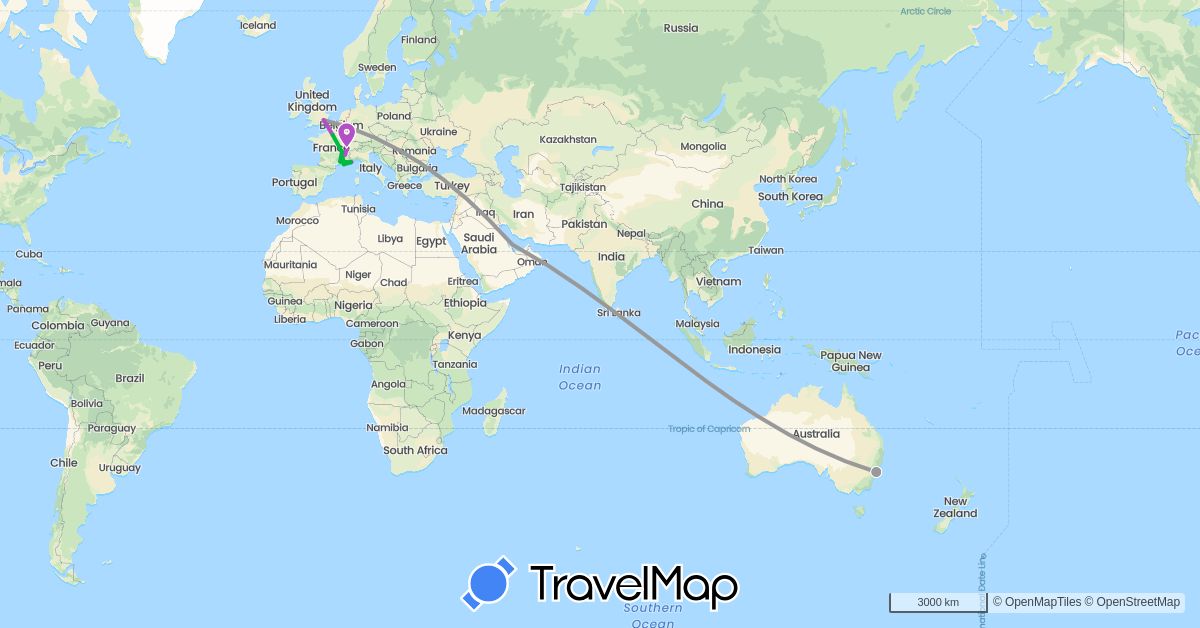 TravelMap itinerary: driving, bus, plane, train in Australia, Switzerland, France, United Kingdom, Monaco, Qatar (Asia, Europe, Oceania)